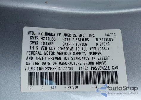 2013 Honda Accord Lx z USA, uszkodzony, nr VIN 1HGCR2F33DA177790